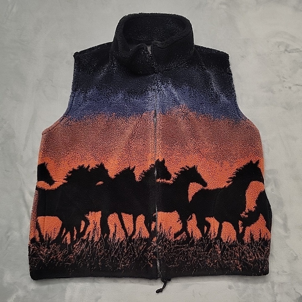 Silver Thread Vest Mens M Fleece Horse Print Sunset Southwest Made In USA